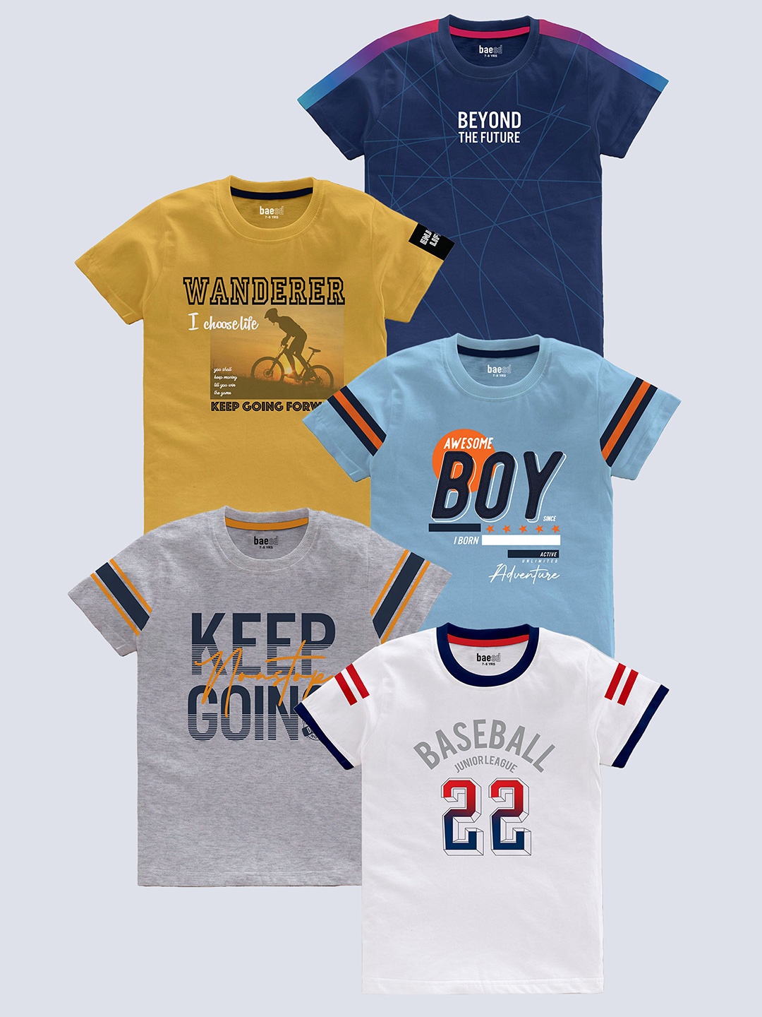

BAESD Boys Pack of 5 Typography Printed Round Neck Pure Cotton T-shirts, Blue