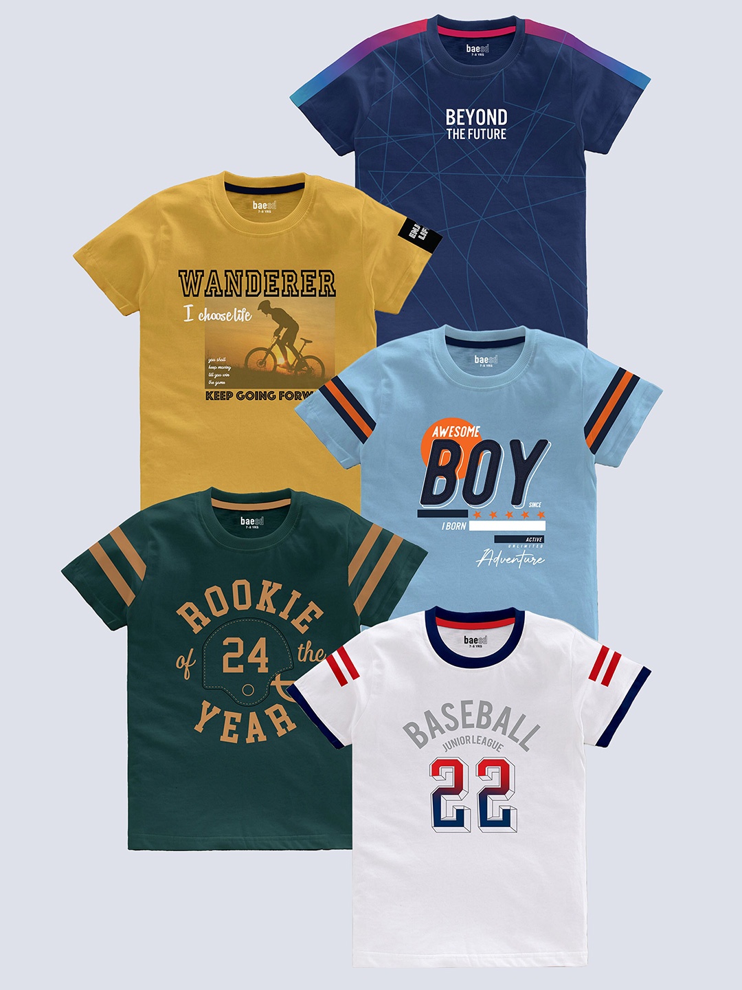 

BAESD Boys Pack of 5 Typography Printed Round Neck Pure Cotton T-shirts, Blue