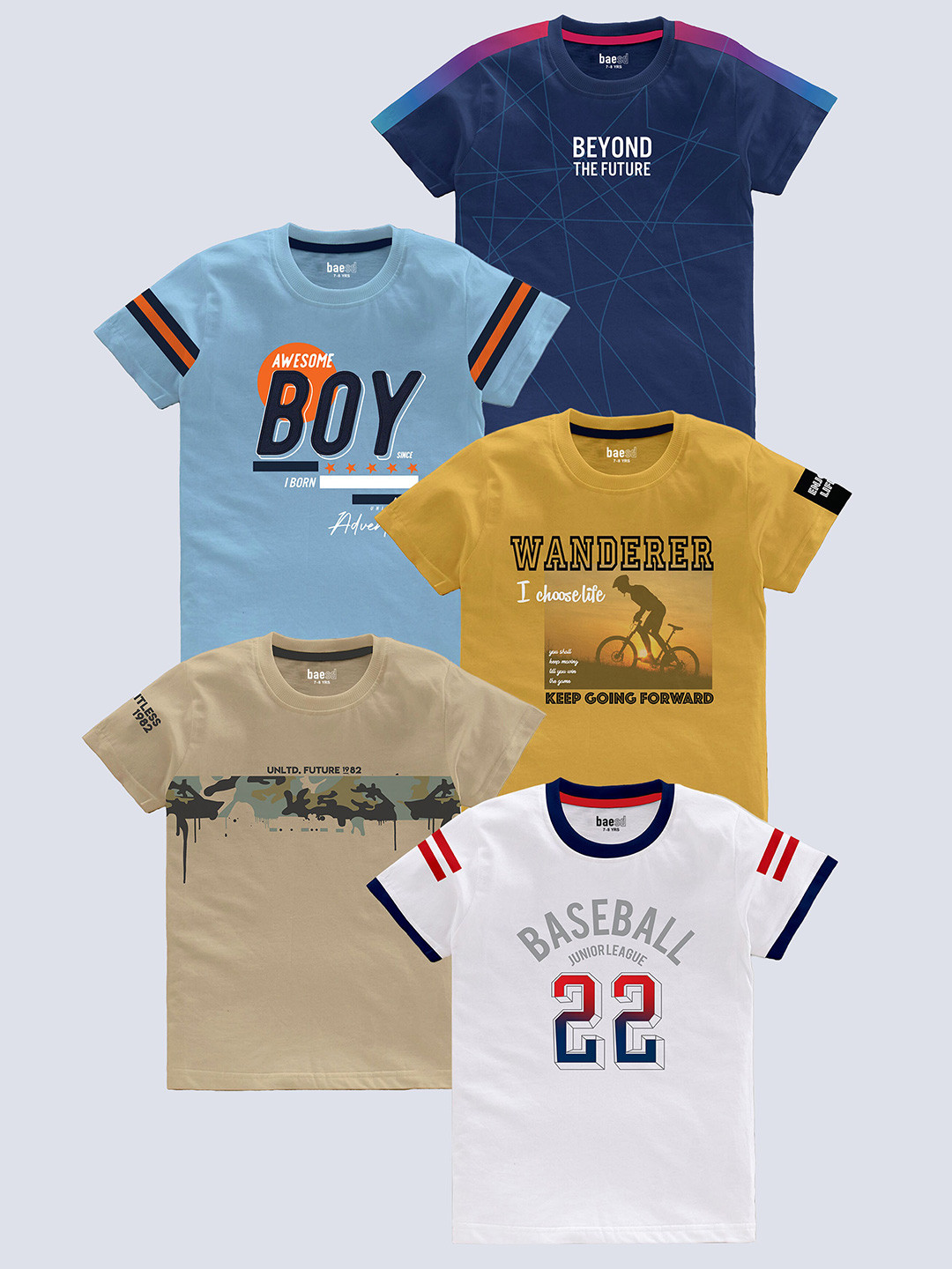 

BAESD Boys Pack of 5 Typography Printed Round Neck Pure Cotton T-shirts, Blue