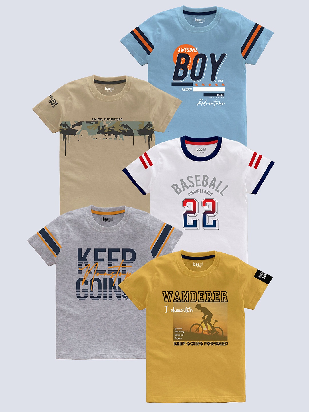 

BAESD Boys Pack of 5 Typography Printed Round Neck Pure Cotton T-shirts, Blue