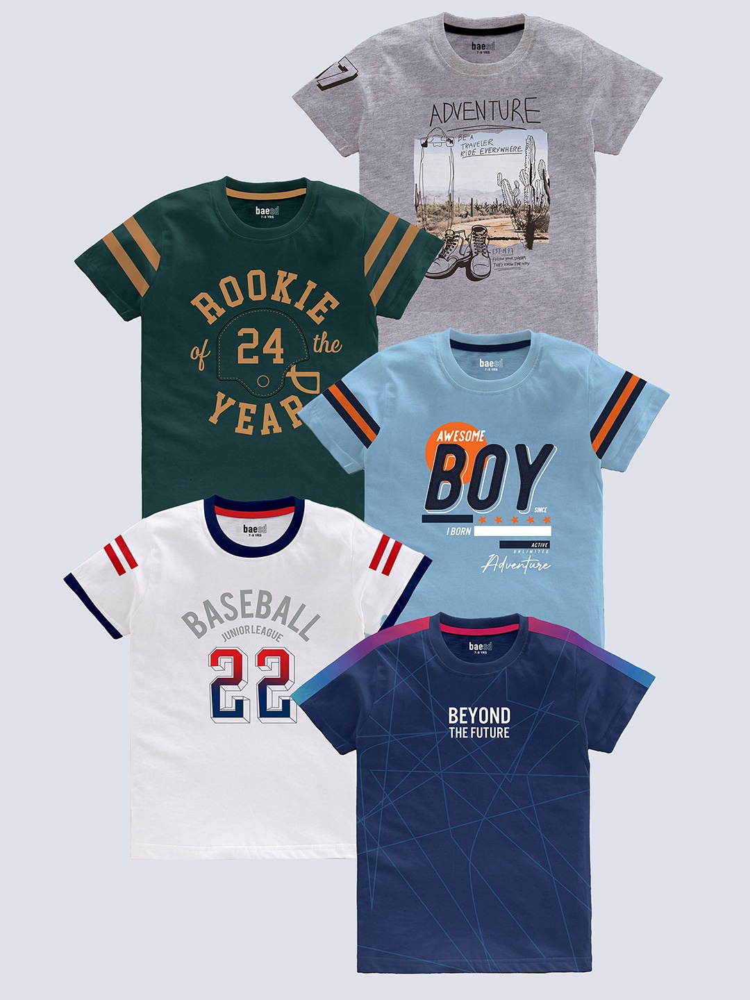 

BAESD Boys Pack of 5 Typography Printed Round Neck Pure Cotton T-shirts, Grey
