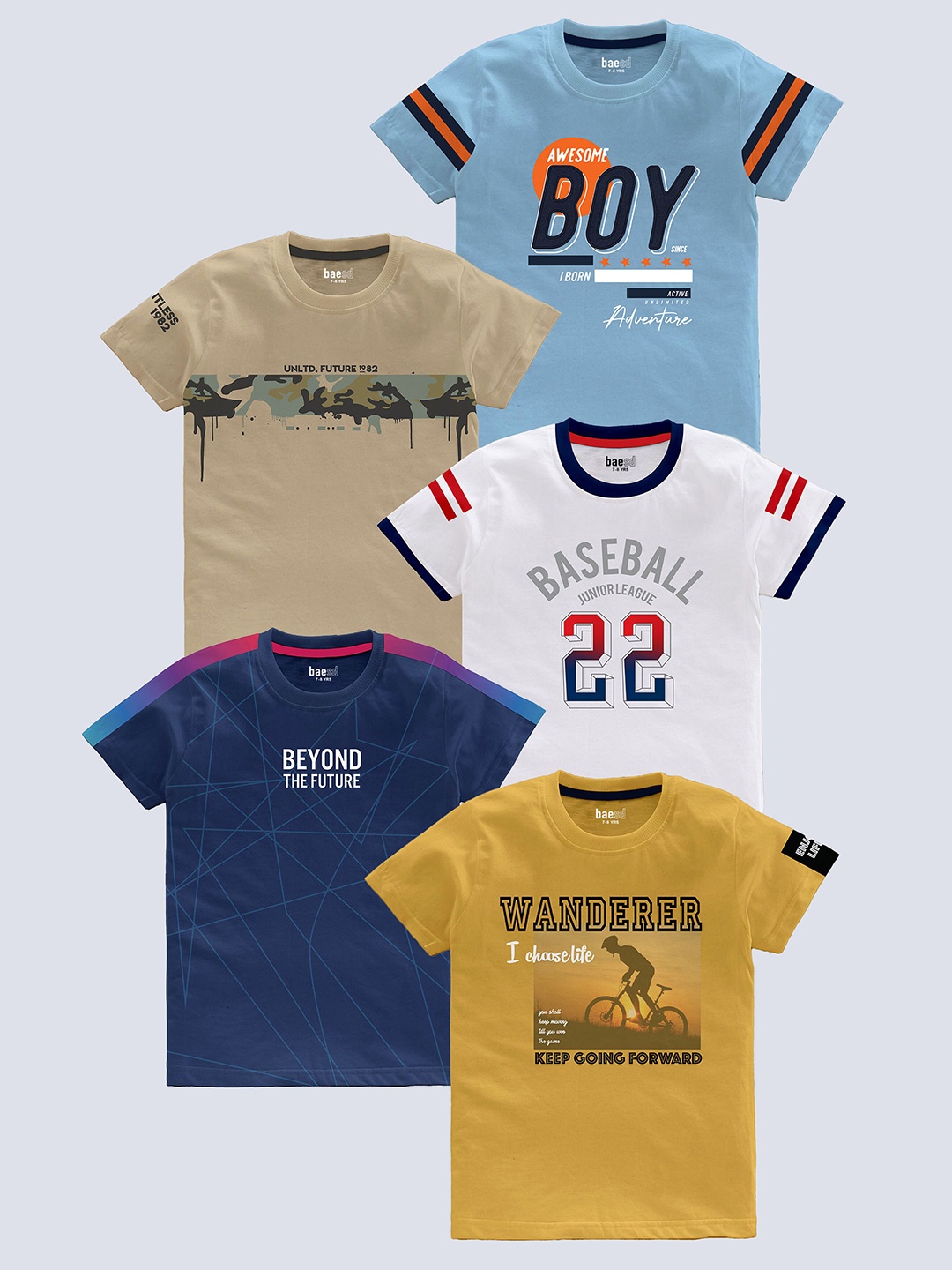 

BAESD Boys Pack of 5 Typography Printed Round Neck Pure Cotton T-shirts, Blue