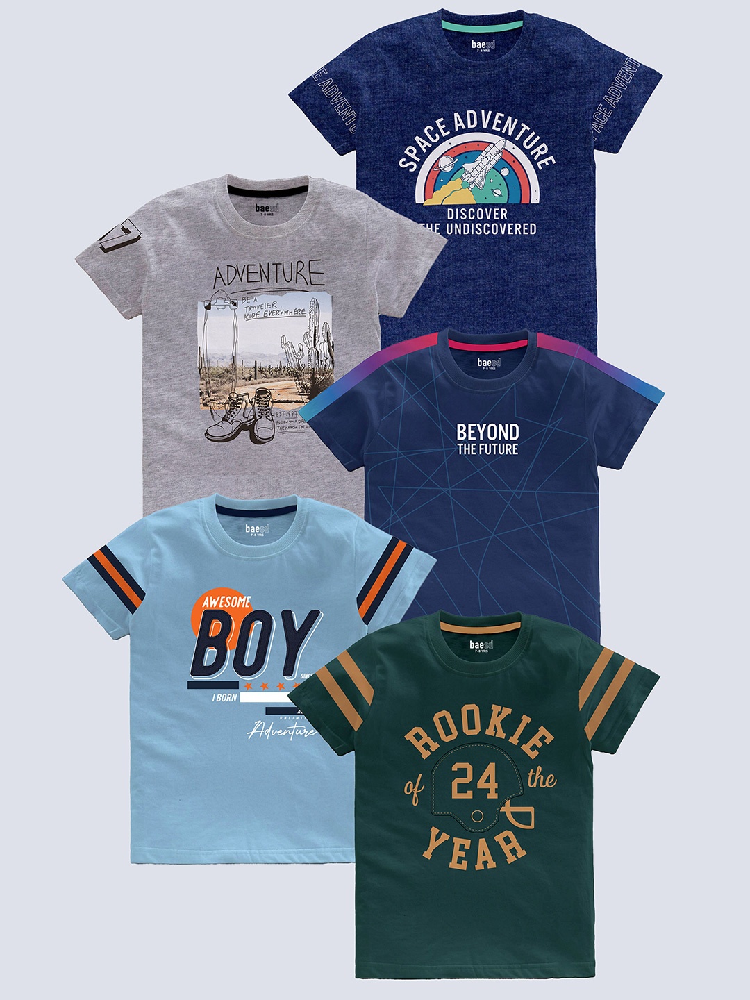 

BAESD Boys Pack of 5 Typography Printed Round Neck Pure Cotton T-shirts, Blue
