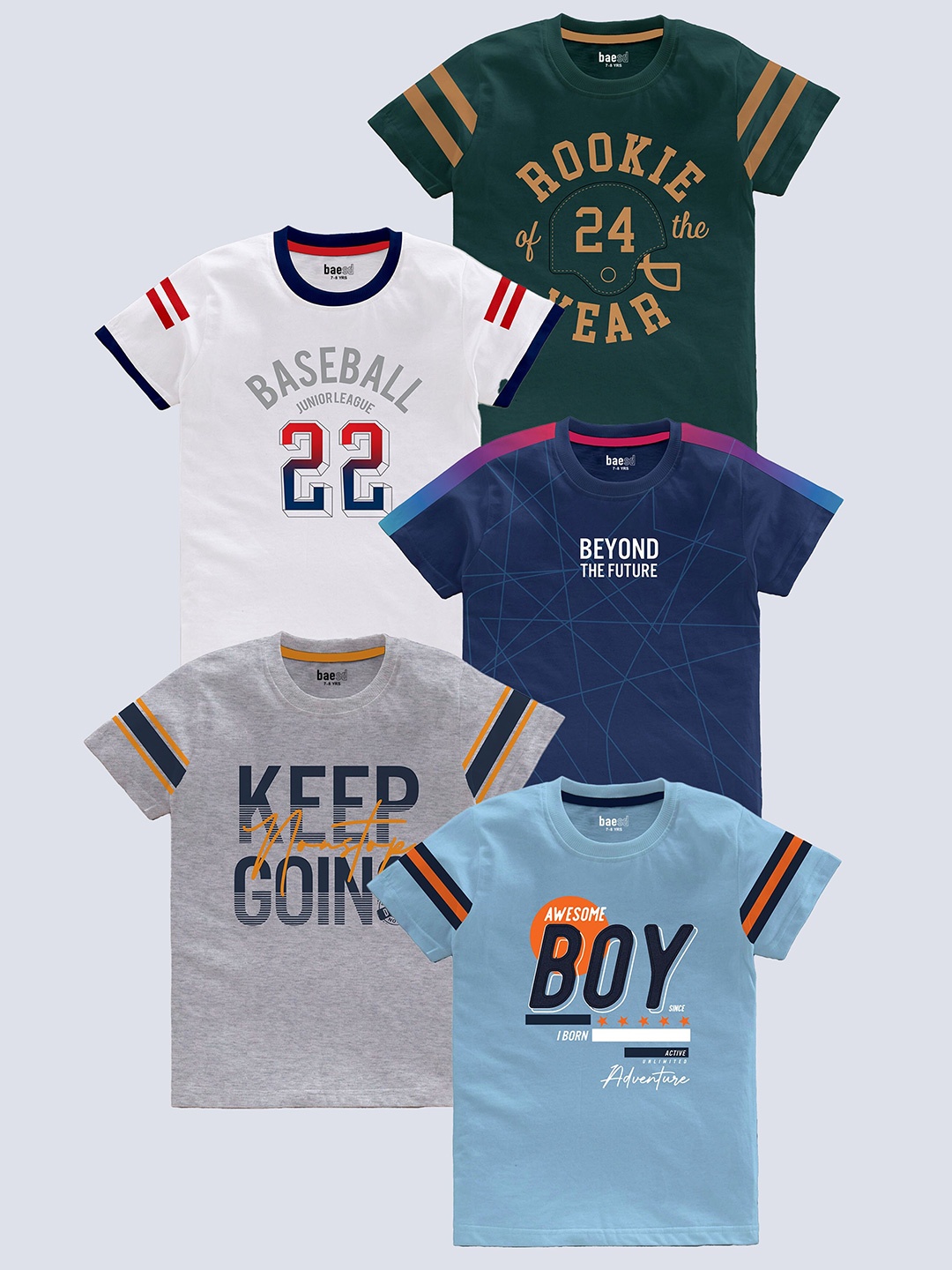 

BAESD Boys Pack of 5 Typography Printed Round Neck Pure Cotton T-shirts, Green