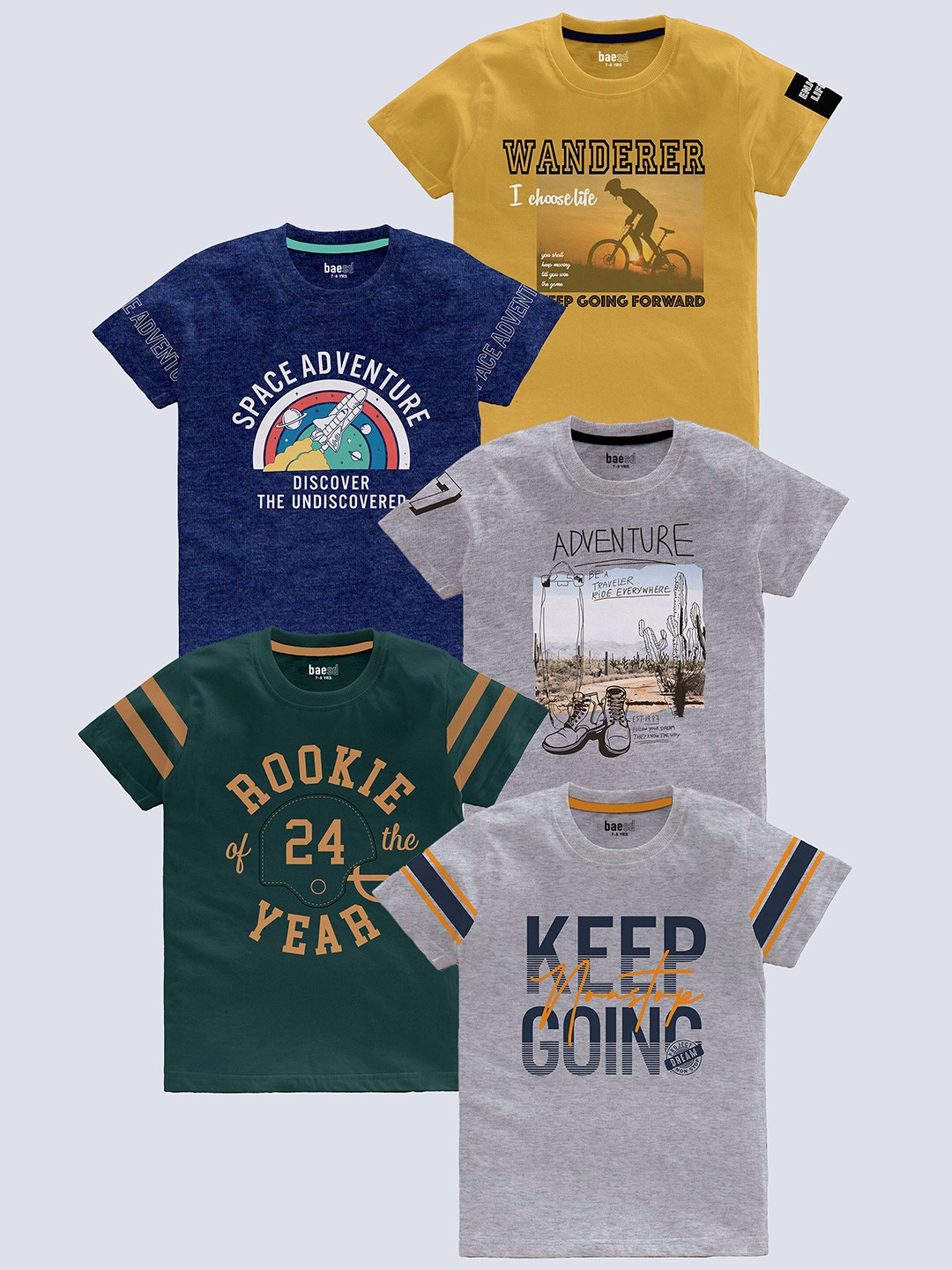

BAESD Boys Pack of 5 Typography Printed Round Neck Pure Cotton T-shirts, Yellow