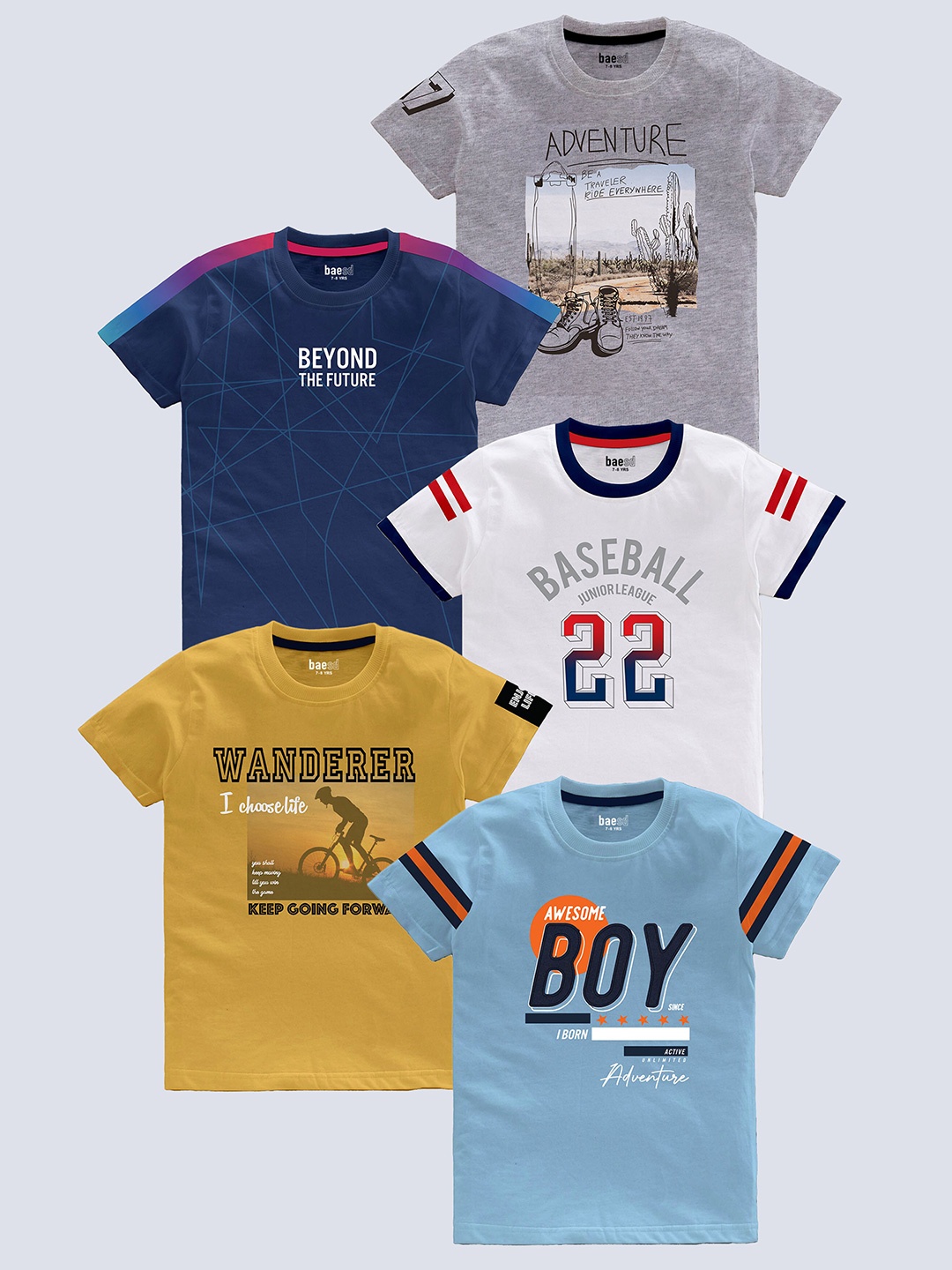 

BAESD Boys Pack of 5 Typography Printed Round Neck Pure Cotton T-shirts, Grey