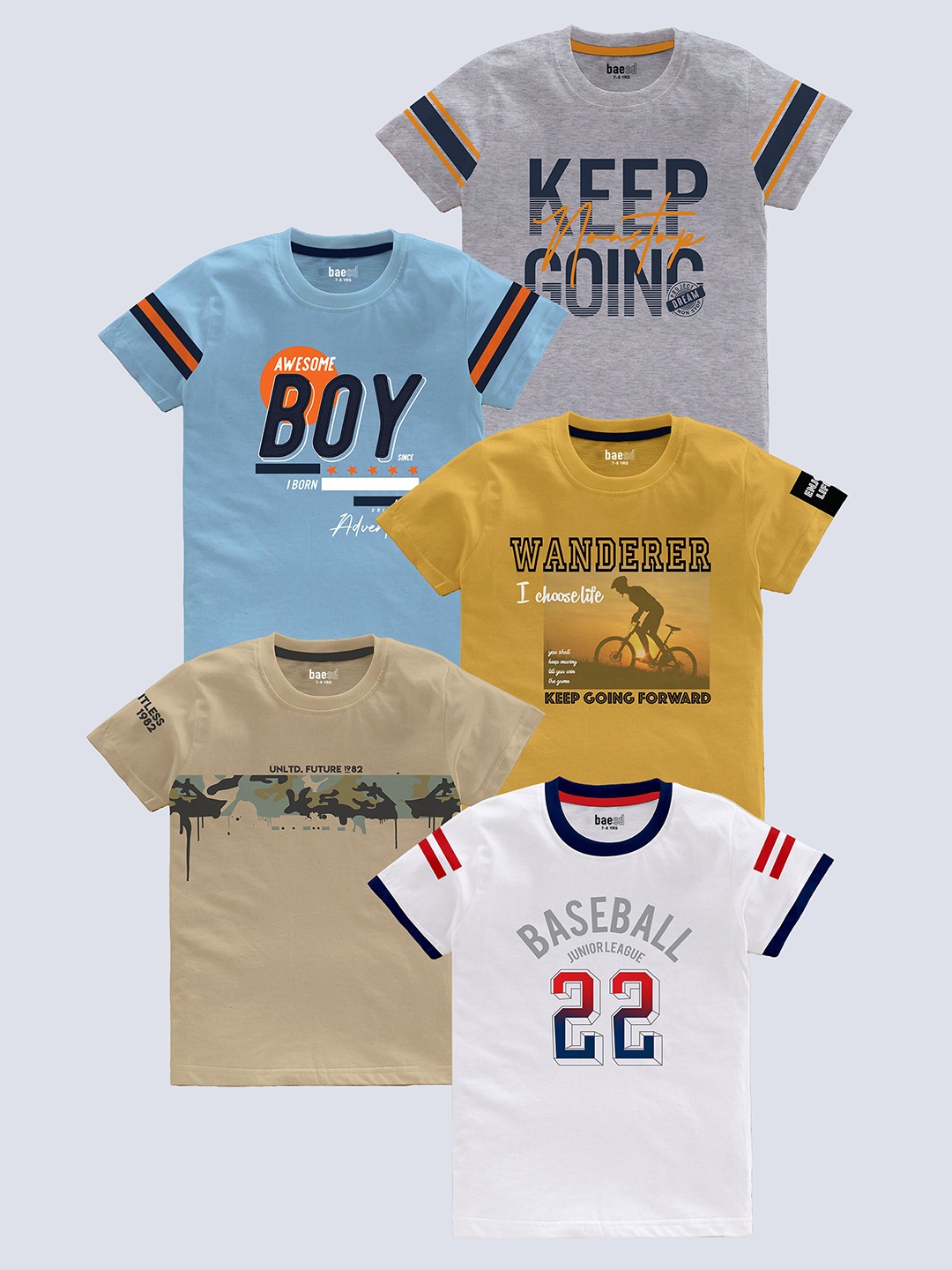 

BAESD Boys Pack of 5 Typography Printed Round Neck Pure Cotton T-shirts, Grey