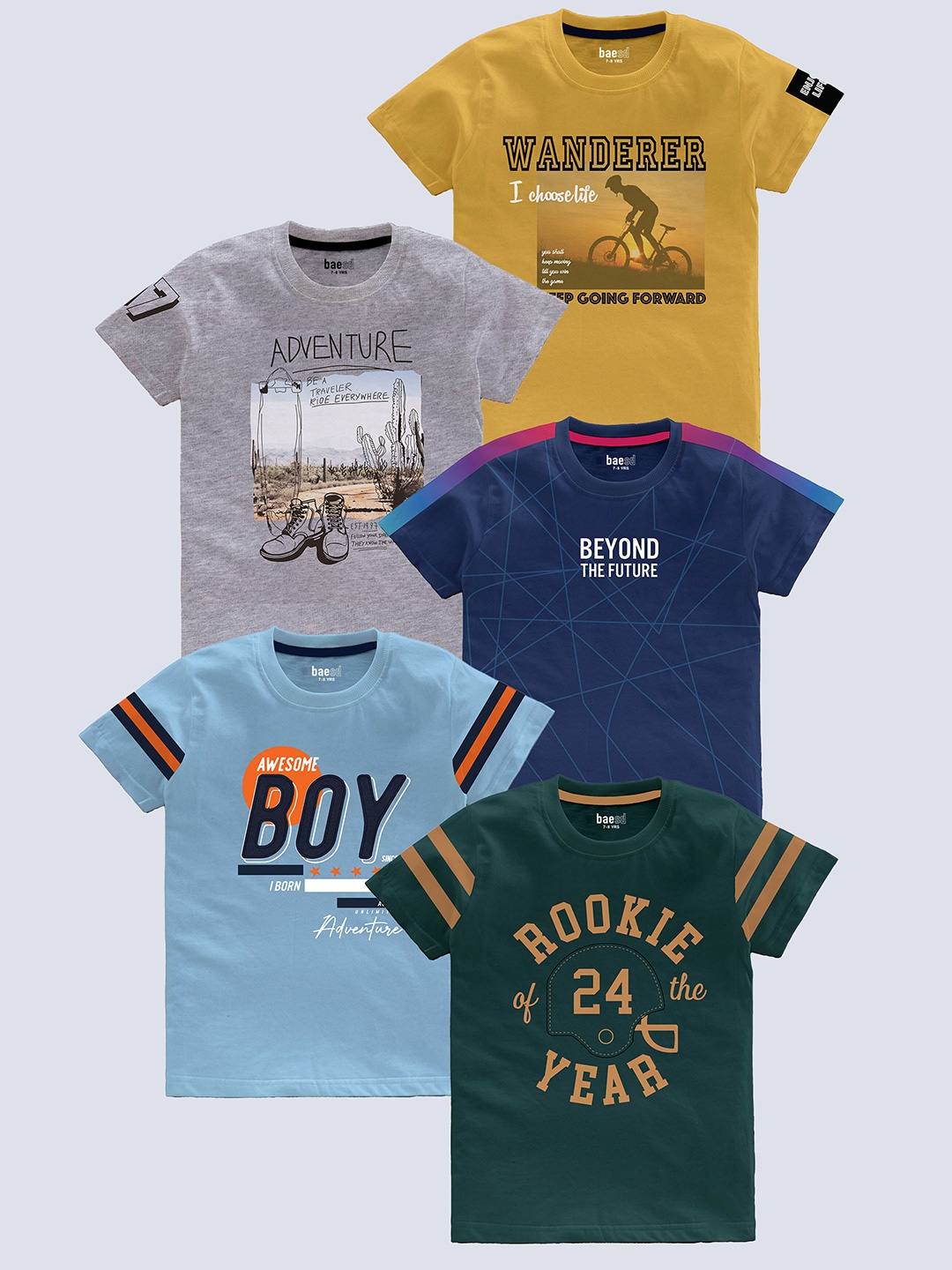 

BAESD Boys Pack of 5 Typography Printed Round Neck Pure Cotton T-shirts, Yellow