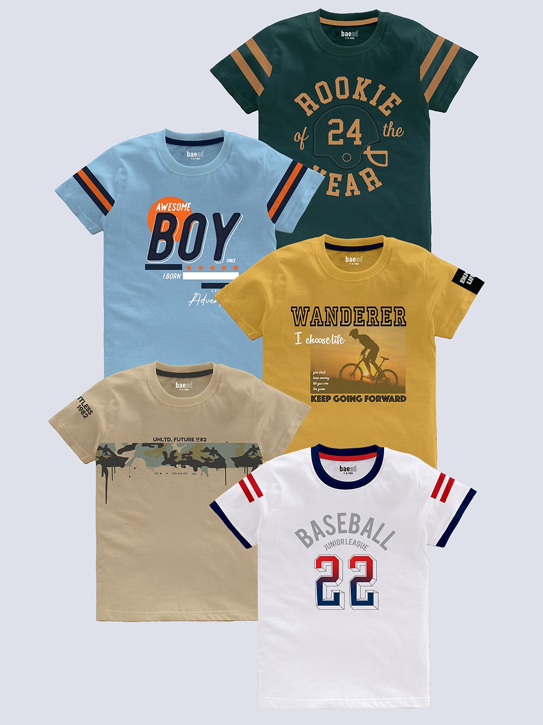 

BAESD Boys Pack of 5 Typography Printed Round Neck Pure Cotton T-shirts, Green