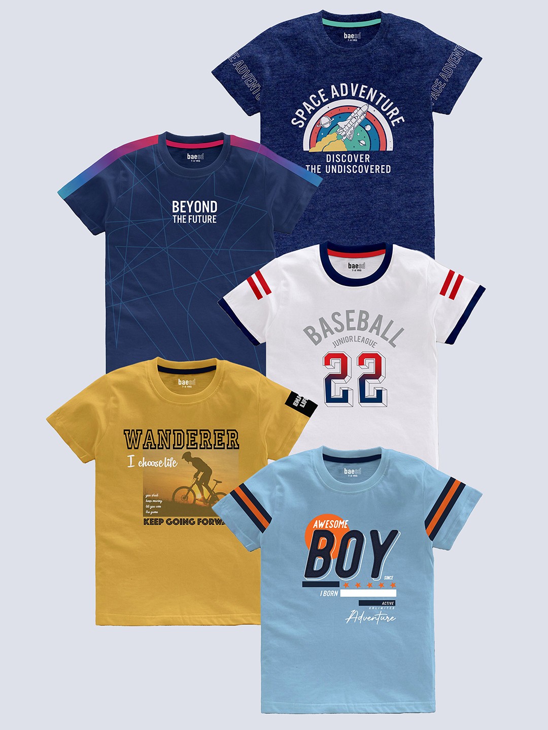 

BAESD Boys Pack of 5 Typography Printed Round Neck Pure Cotton T-shirts, Blue
