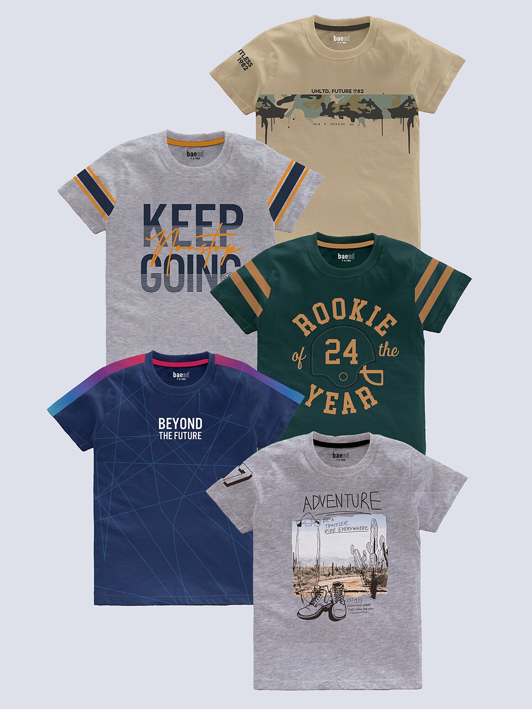 

BAESD Boys Pack of 5 Typography Printed Round Neck Pure Cotton T-shirts, Beige