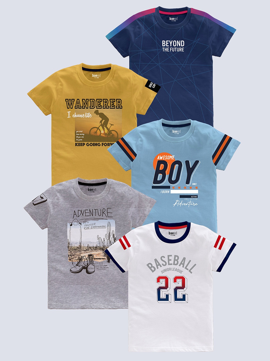 

BAESD Boys Pack of 5 Typography Printed Round Neck Pure Cotton T-shirts, Blue