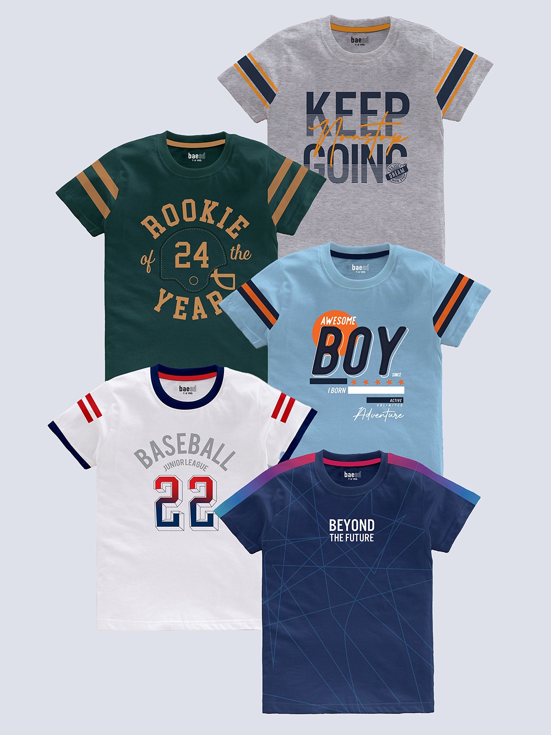 BAESD Boys Pack of 5 Typography Printed Round Neck Pure Cotton T-shirts, Grey