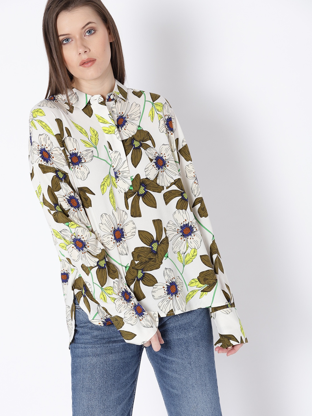 

MANGO Women Off-White & Olive Green Printed Shirt Style Top