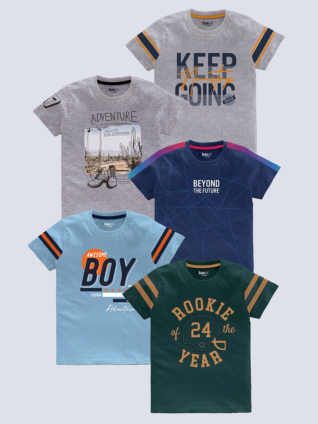 

BAESD Boys Pack of 5 Typography Printed Round Neck Pure Cotton T-shirts, Grey
