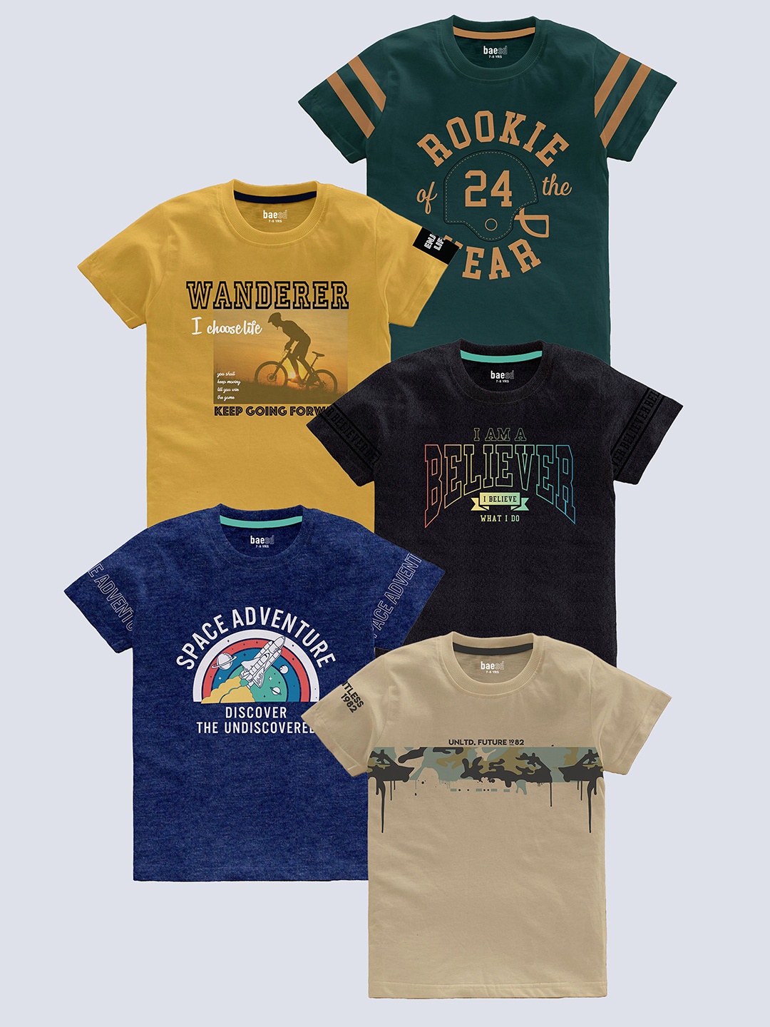 

BAESD Boys Pack of 5 Typography Printed Round Neck Pure Cotton T-shirts, Green