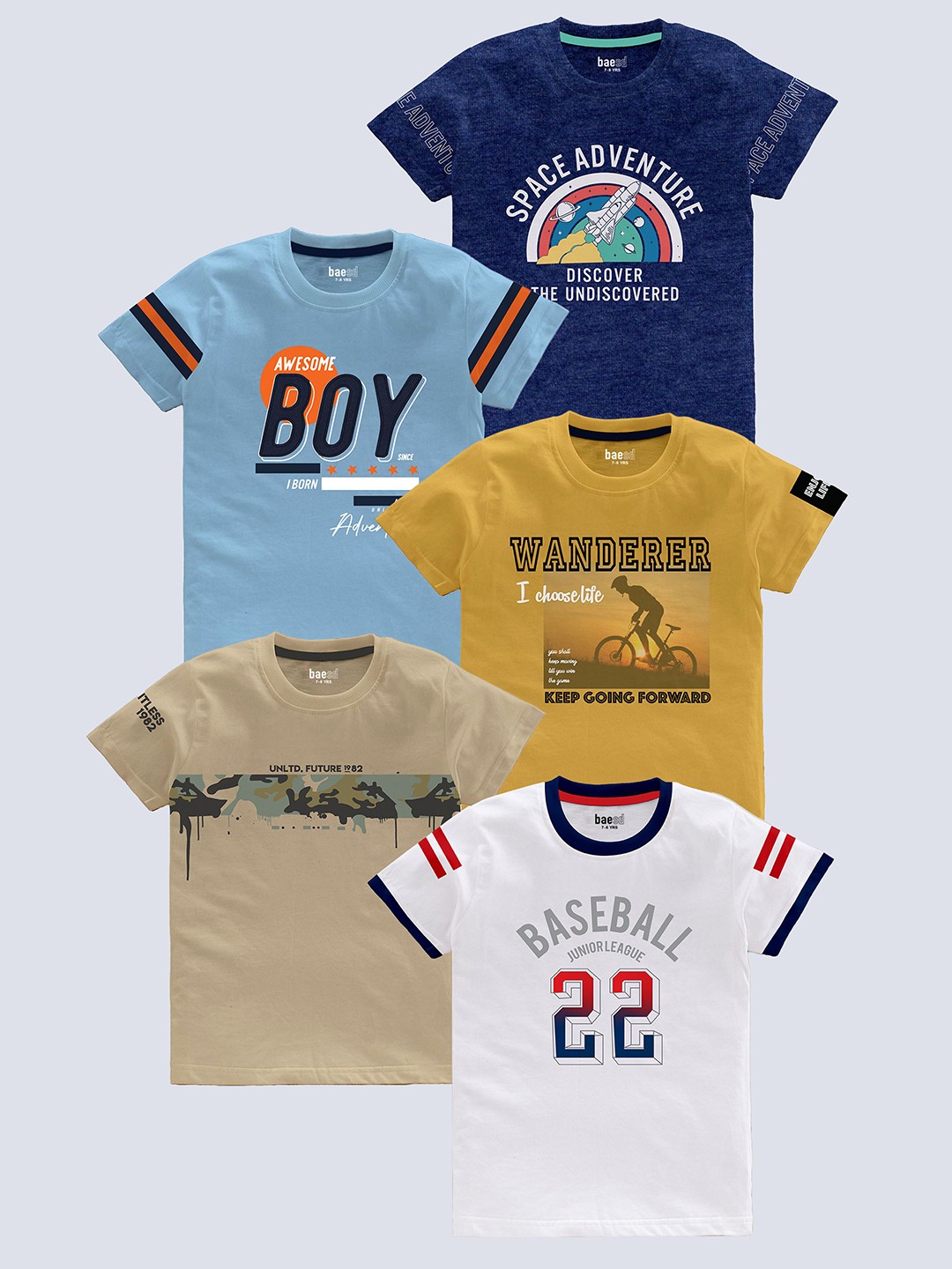 

BAESD Boys Pack of 5 Typography Printed Round Neck Pure Cotton T-shirts, Blue