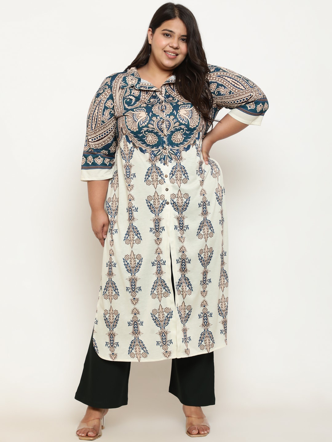 

Amydus Plus Size Ethnic Motifs Printed Straight Regular Kurta, Cream