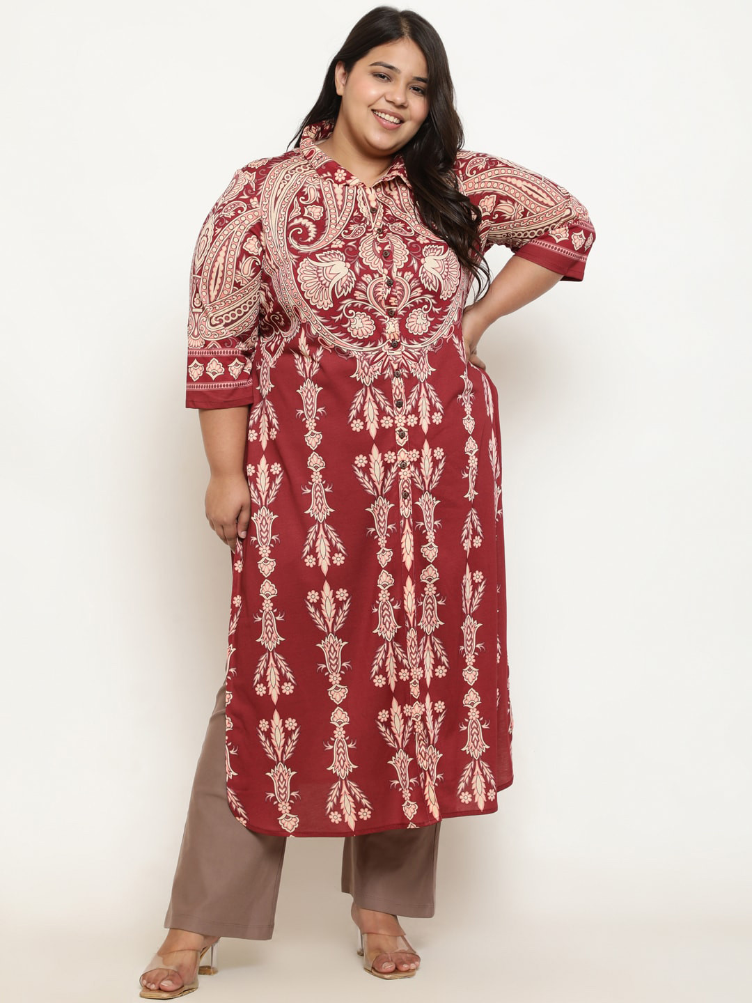 

Amydus Plus Size Floral Motifs Printed Straight Regular Kurta, Maroon