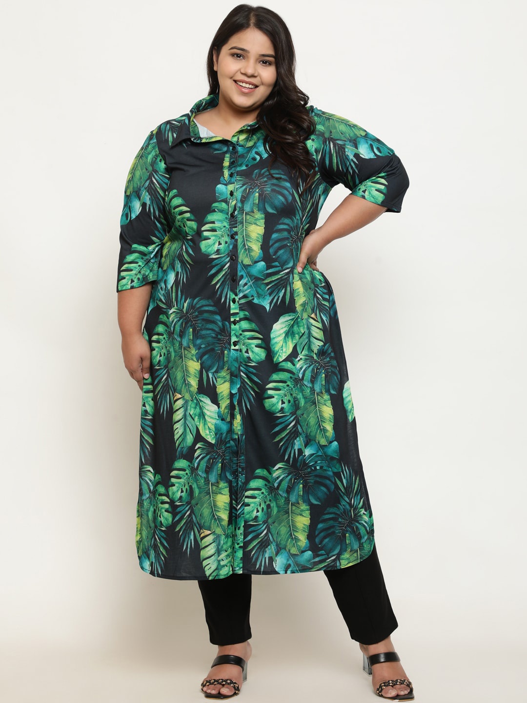 

Amydus Plus Size Tropical Printed Straight Regular Kurta, Green