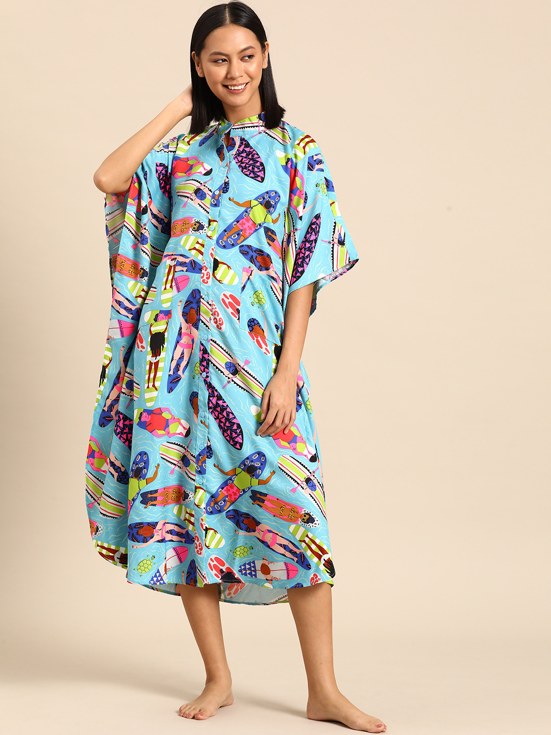 

MABISH by Sonal Jain Printed Kaftan Nightdress, Turquoise blue