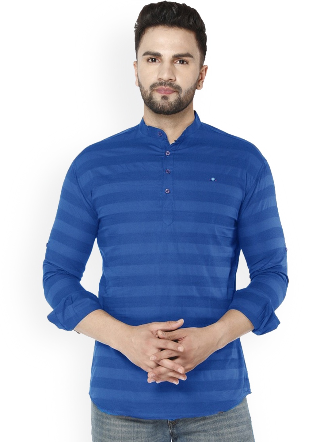 

FUBAR Striped Mandarin Collar Kurta, Blue