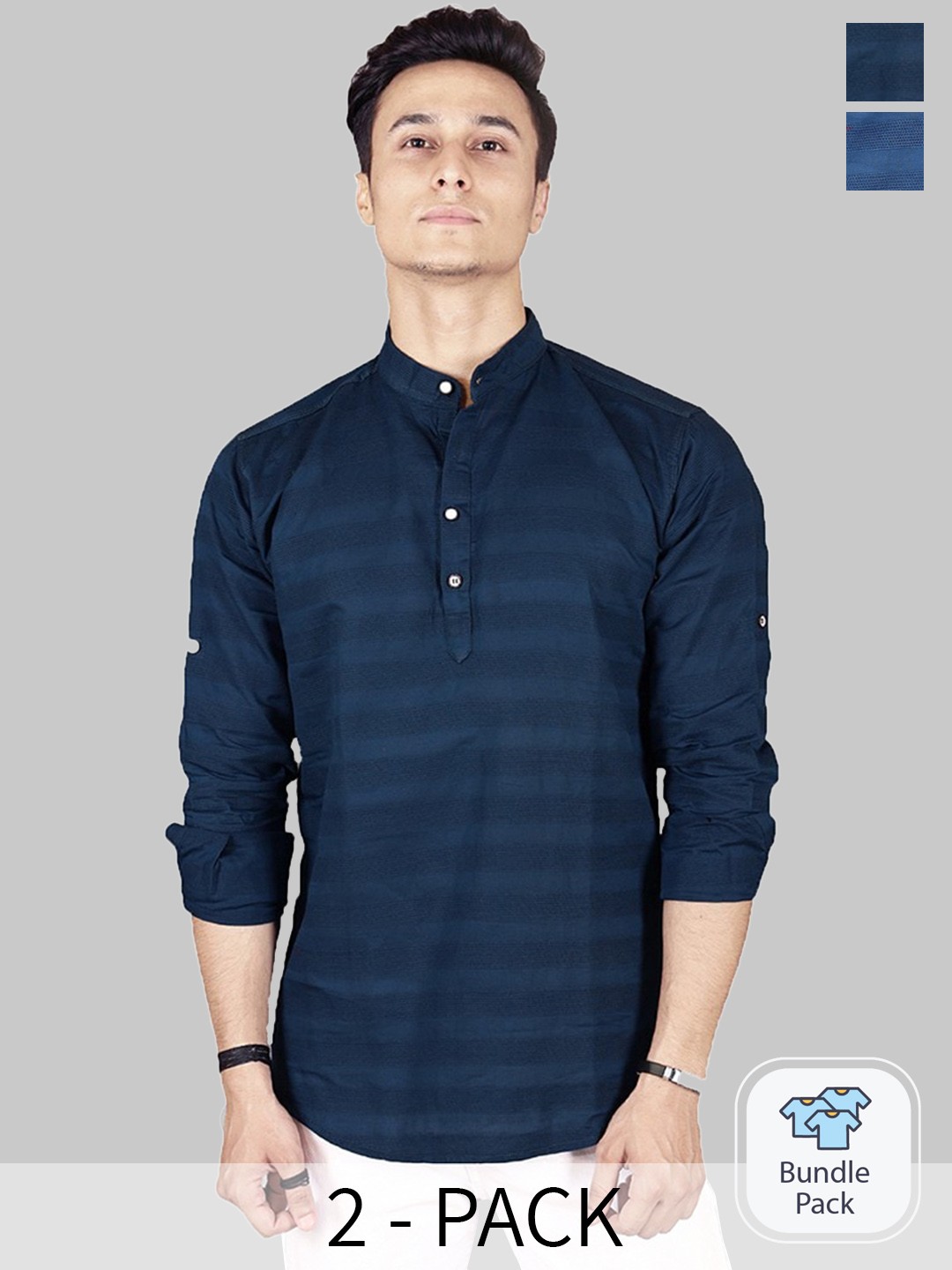 

FUBAR Selection Of 2 Striped Mandarin Collar Straight Kurta, Blue