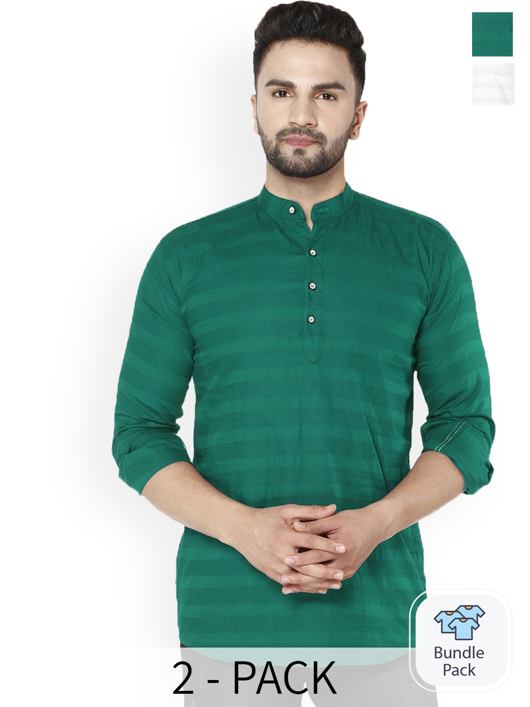 

FUBAR Striped Mandarin Collar Straight Kurta, Green