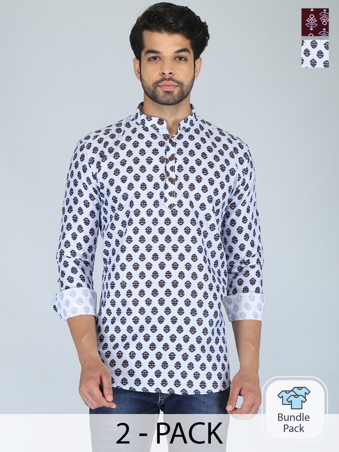 

FUBAR Selection Of 2 Ethnic Motifs Printed Mandarin Collar Thread Work Kurta, Blue