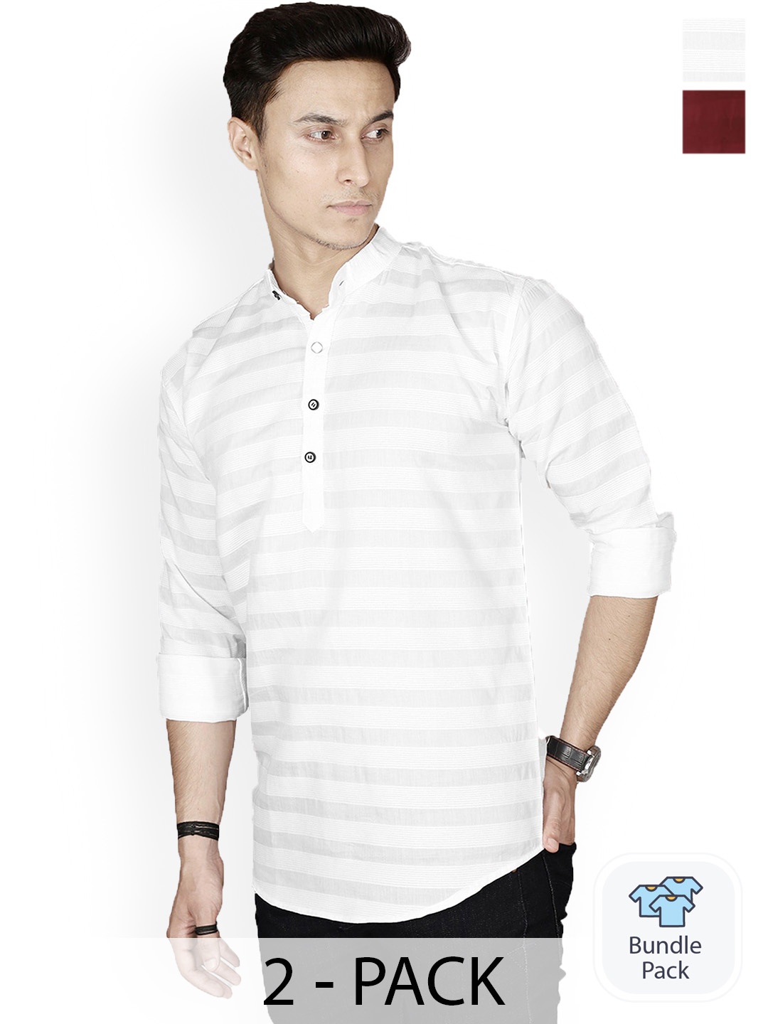 

FUBAR Selection Of 2 Striped Mandarin Collar Straight Kurta, White