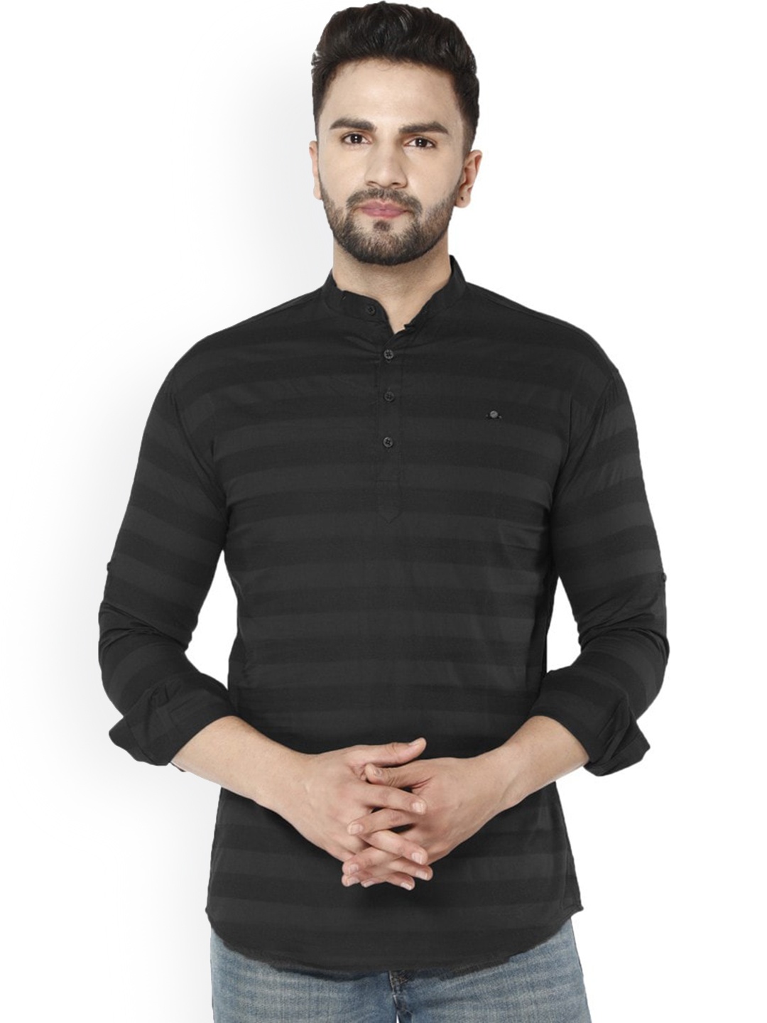 

FUBAR Striped Mandarin Collar Kurta, Black
