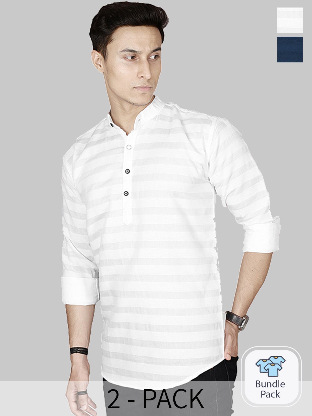 

FUBAR Selection Of 2 Striped Mandarin Collar Straight Kurta, White