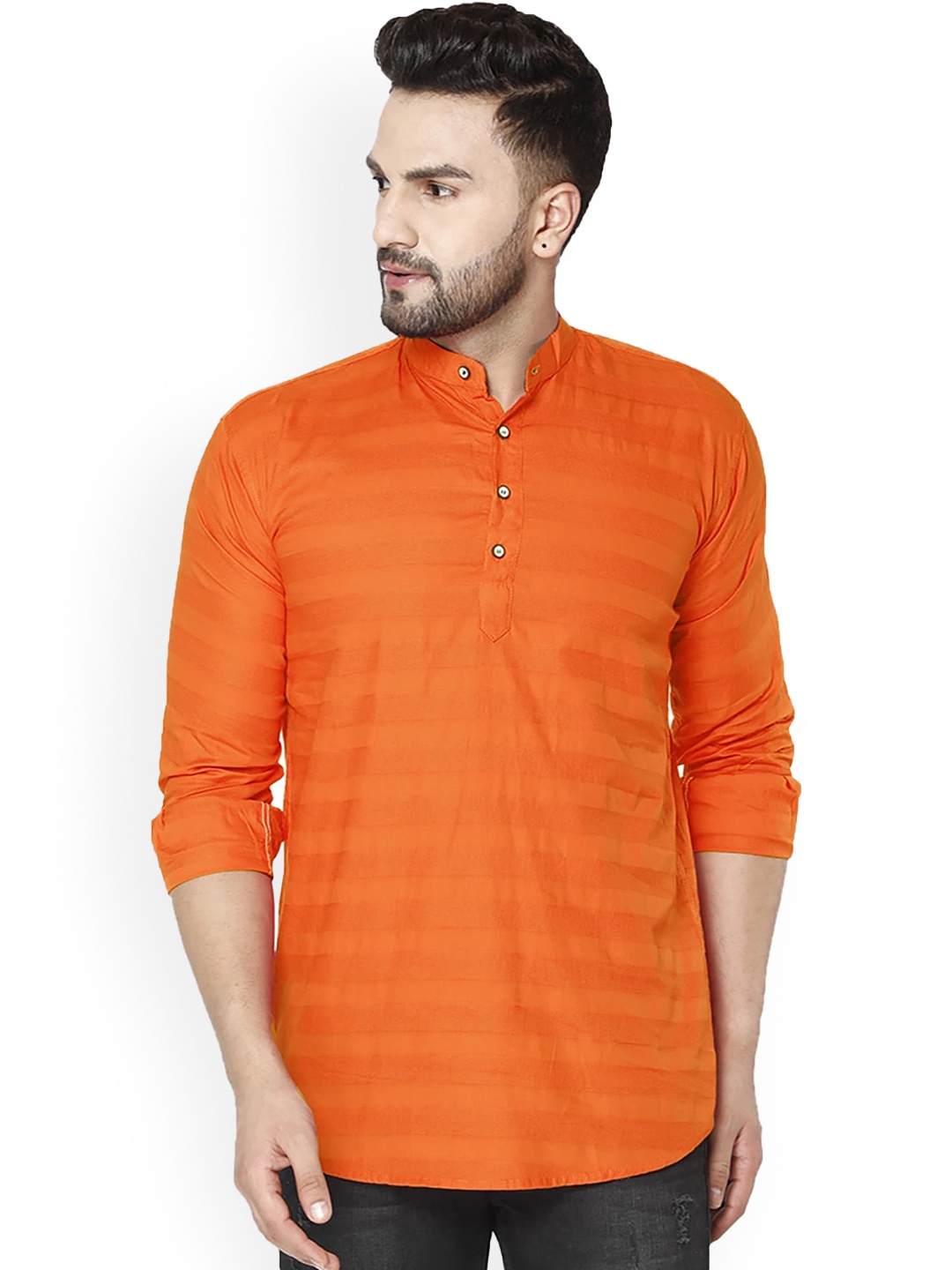 

FUBAR Striped Mandarin Collar Long Sleeves Short Kurta, Orange