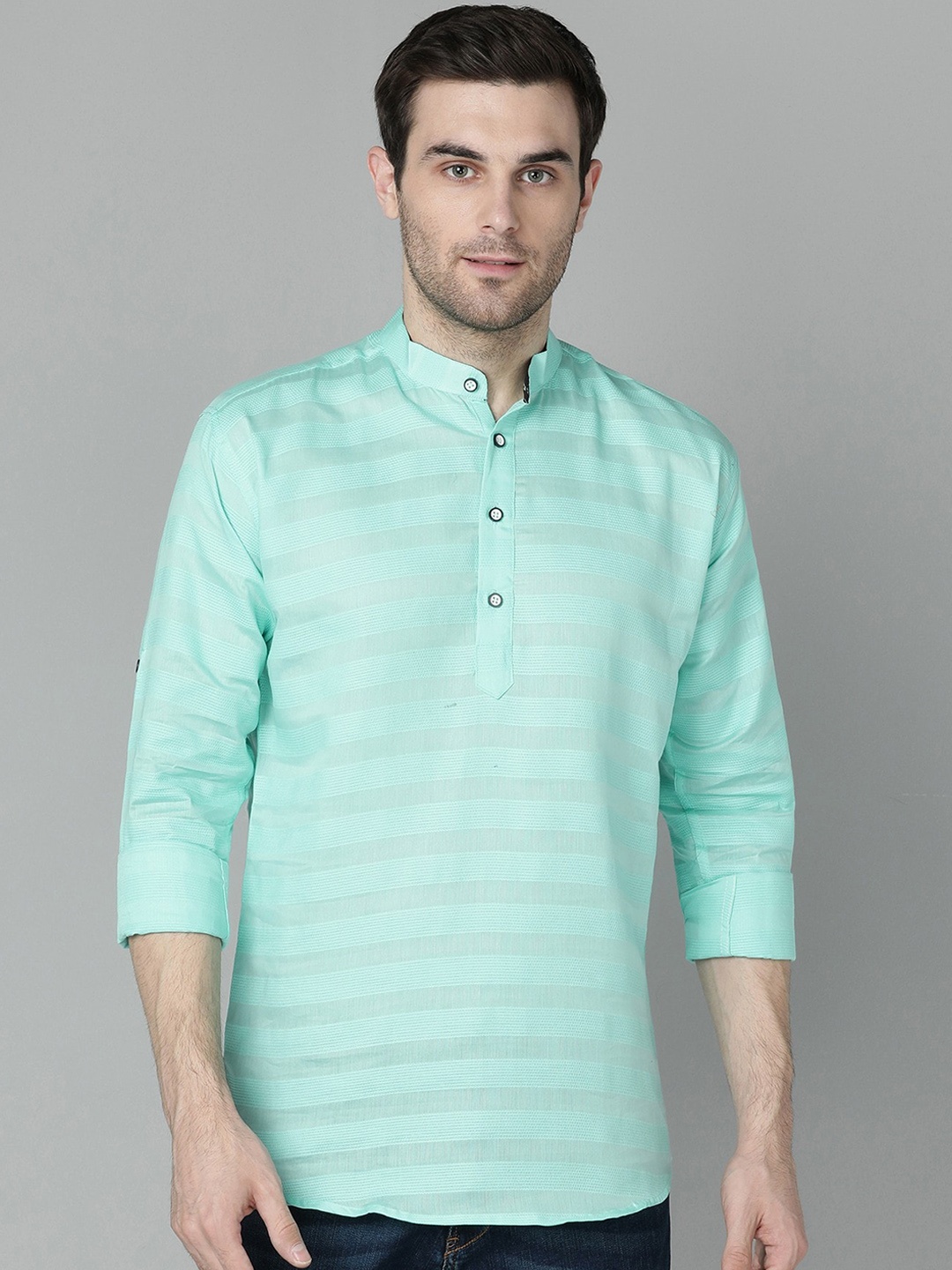 

FUBAR Woven Design Mandarin Collar Straight Kurta, Sea green