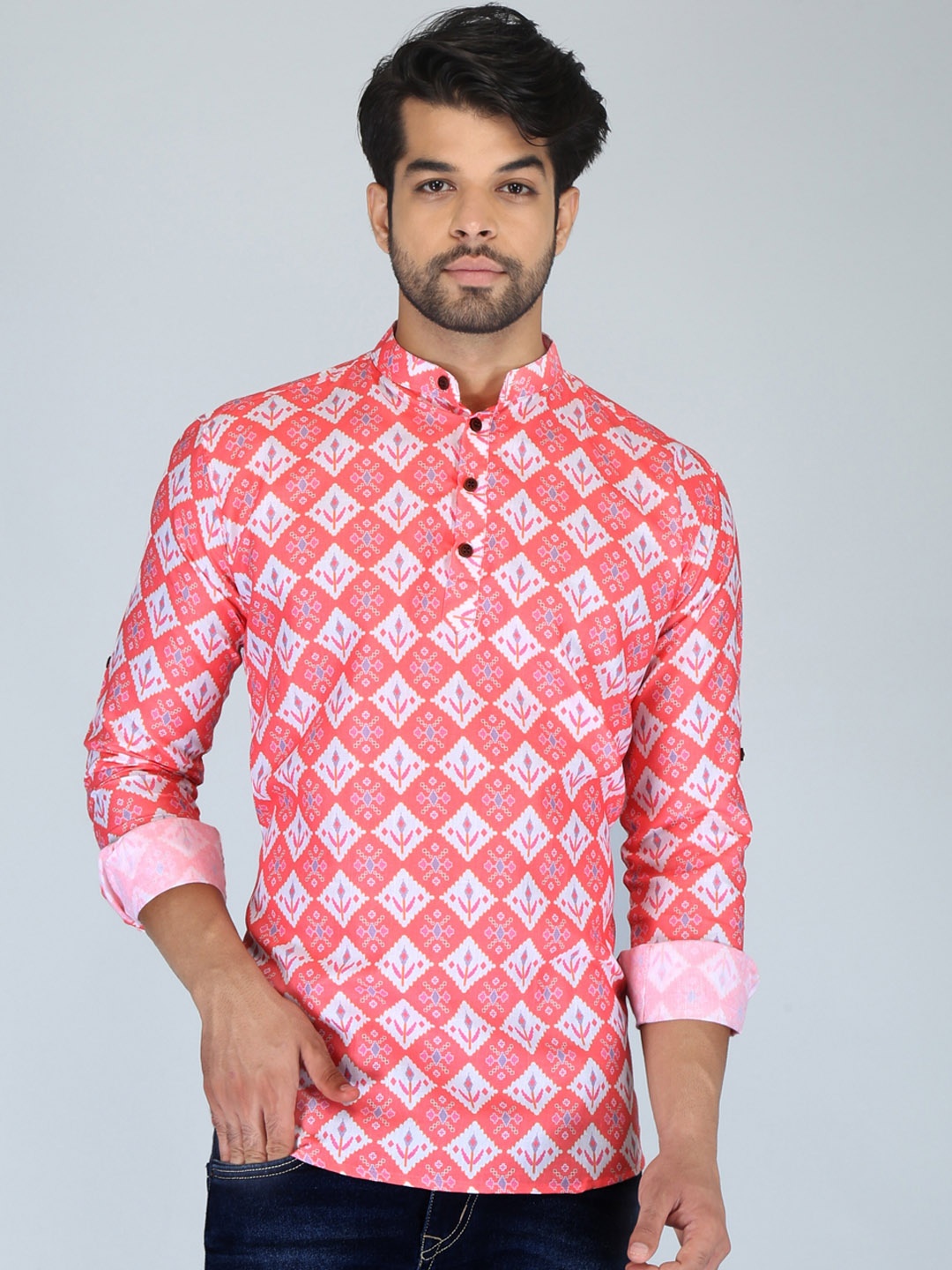 

FUBAR Mandarin Collar Printed Straight Kurta, Peach