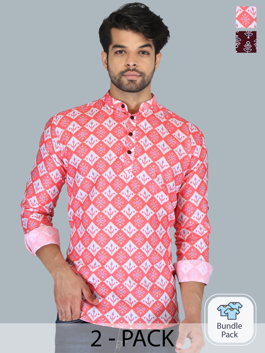

FUBAR Pack Of 2 Ethnic Motifs Printed Straight Kurtas, Peach