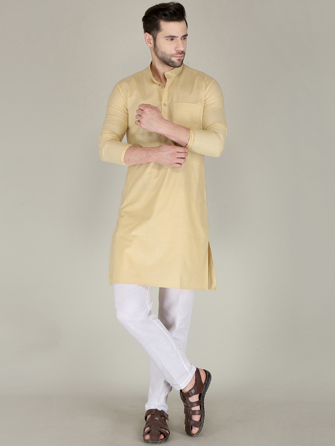 

FUBAR Band Collar Long Sleeve Straight Kurta, Gold