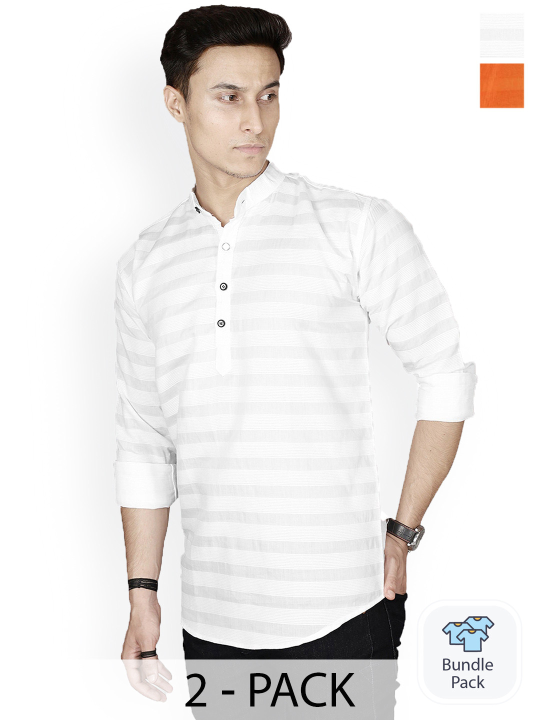 

FUBAR Selection Of 2 Striped Mandarin Collar Straight Kurta, White