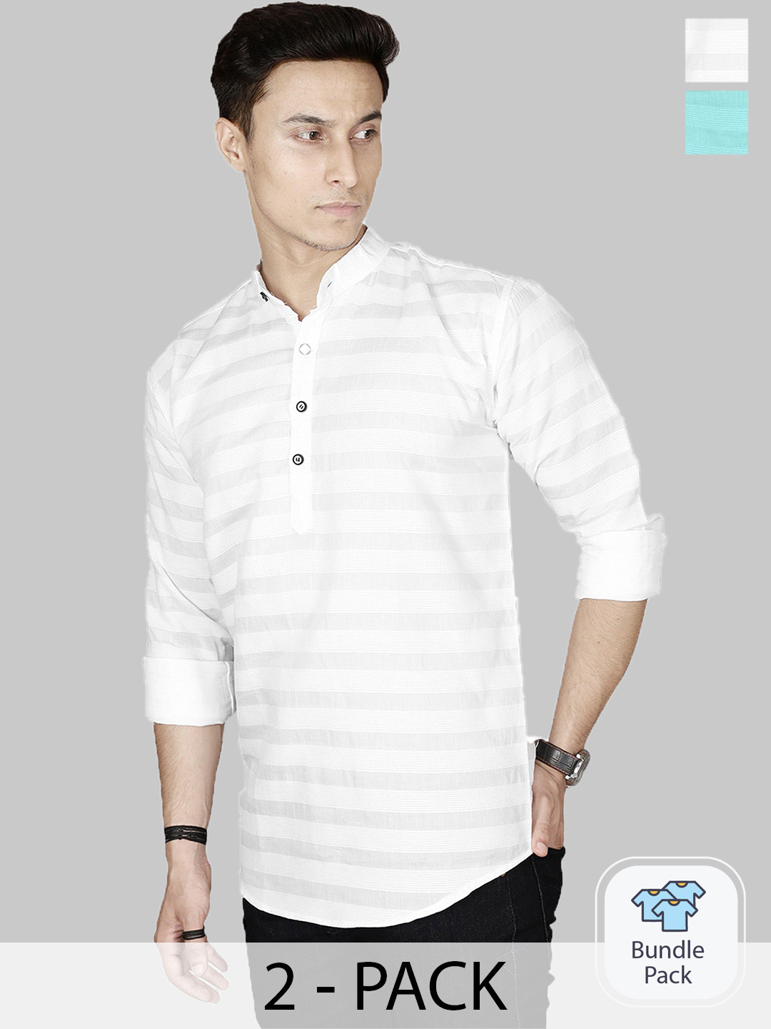 

FUBAR Selection Of 2 Striped Band Collar Cuffed Sleeves Straight Kurta, White