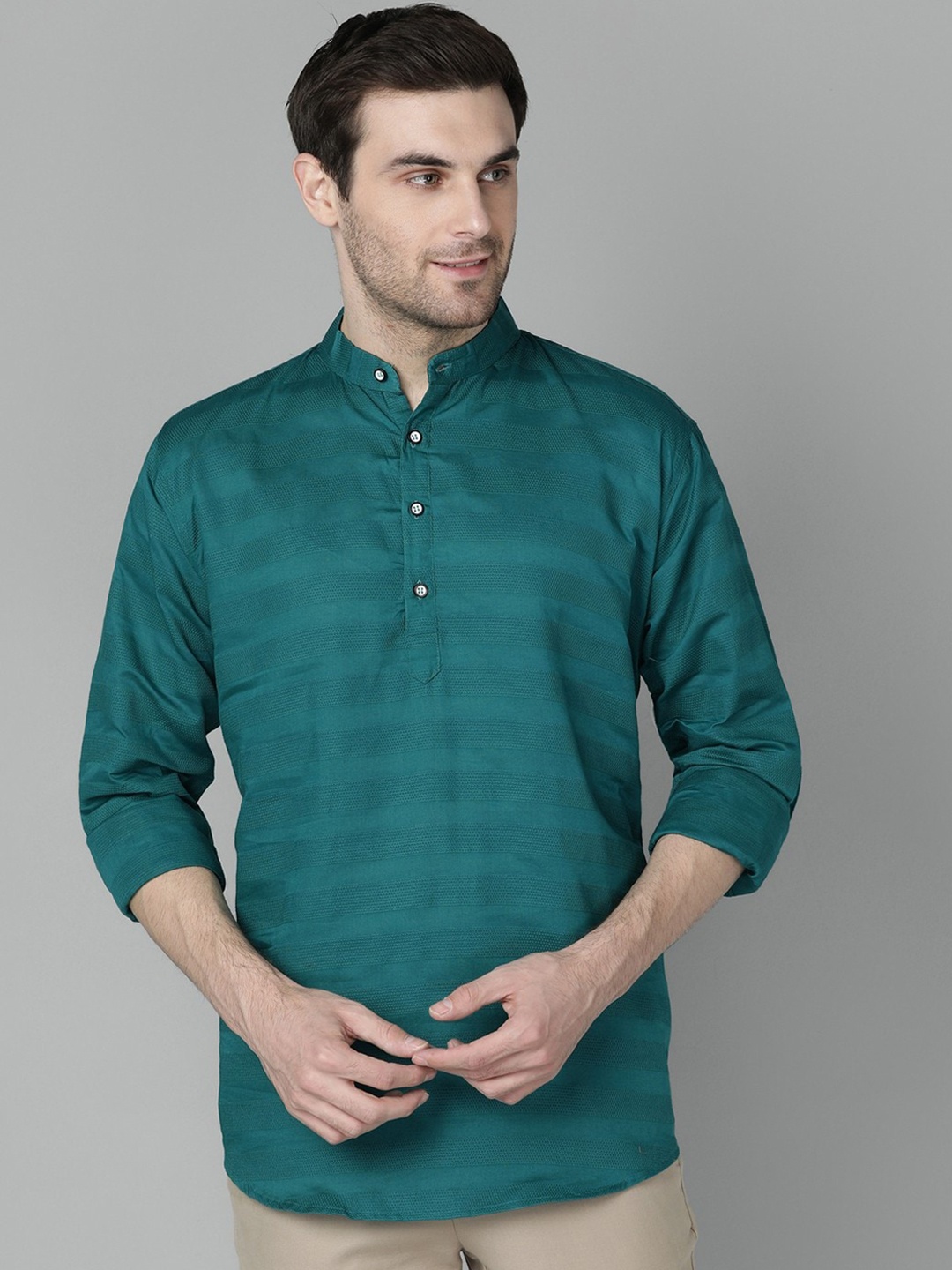 

FUBAR Striped Band Collar Cuffed Sleeves Straight Kurta, Green