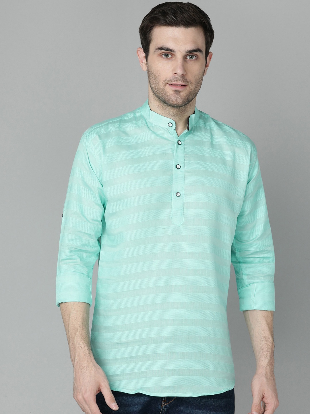 

FUBAR Regular Fit Striped Printed Band Collar Long Sleeve Shirt, Green