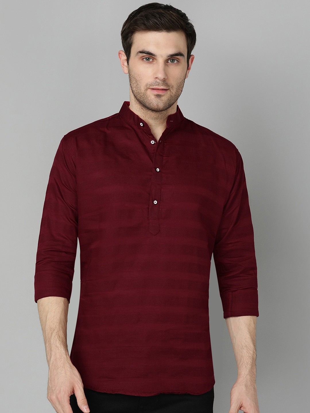 

FUBAR Regular Fit Striped Printed Band Collar Long Sleeve Shirt, Maroon