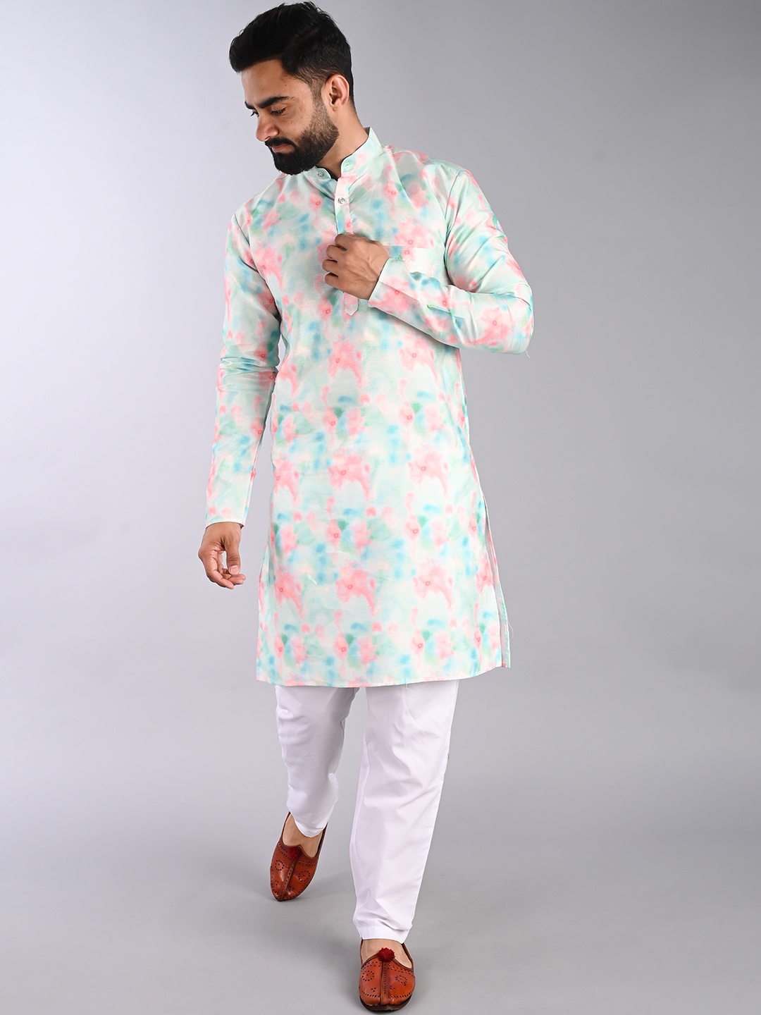 

FUBAR Abstract Printed Band Collar Straight Kurta, Sea green