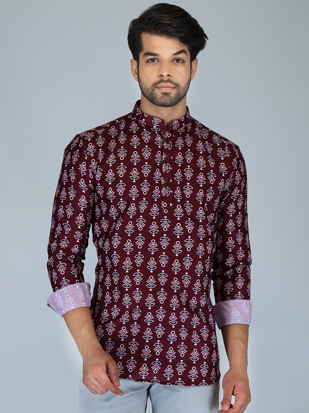 

FUBAR Men Maroon Ethnic Motifs Printed Thread Work Kurta