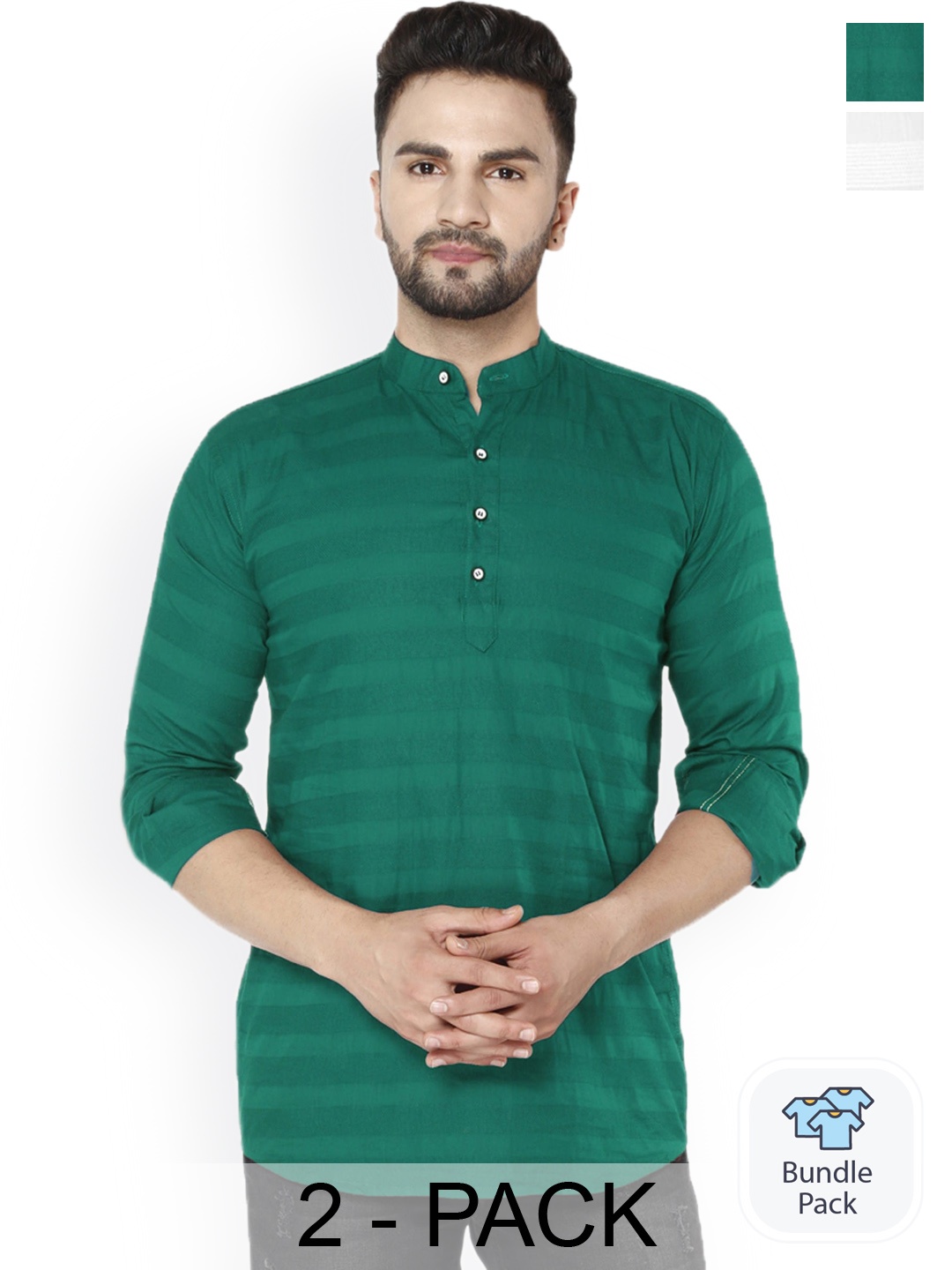 

FUBAR Selection Of 2 Striped Band Collar Cuffed Sleeves Straight Kurta, Green