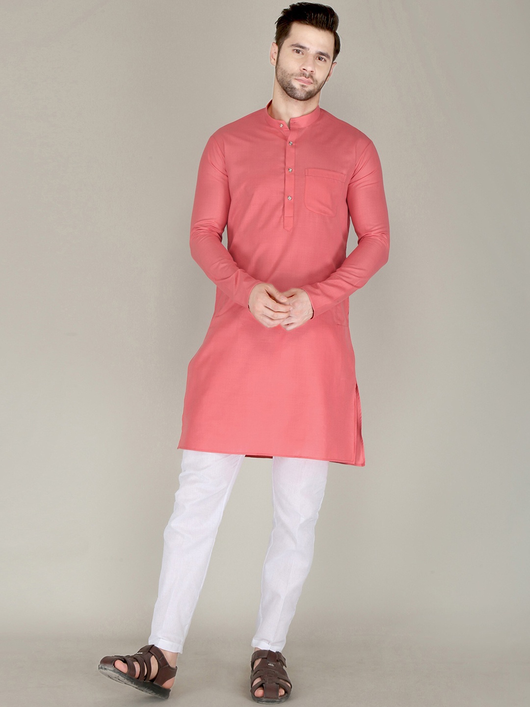 

FUBAR Band Collar Long Sleeve Straight Kurta, Peach
