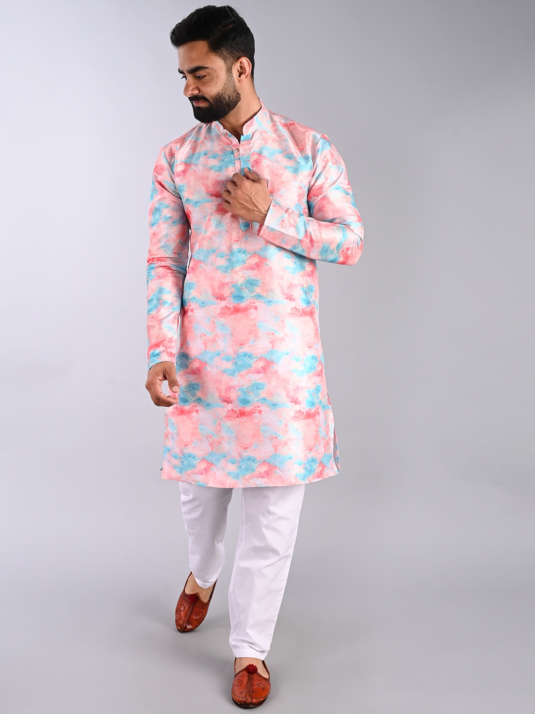 

FUBAR Dyed Mandarin Collar Straight Kurta, Peach