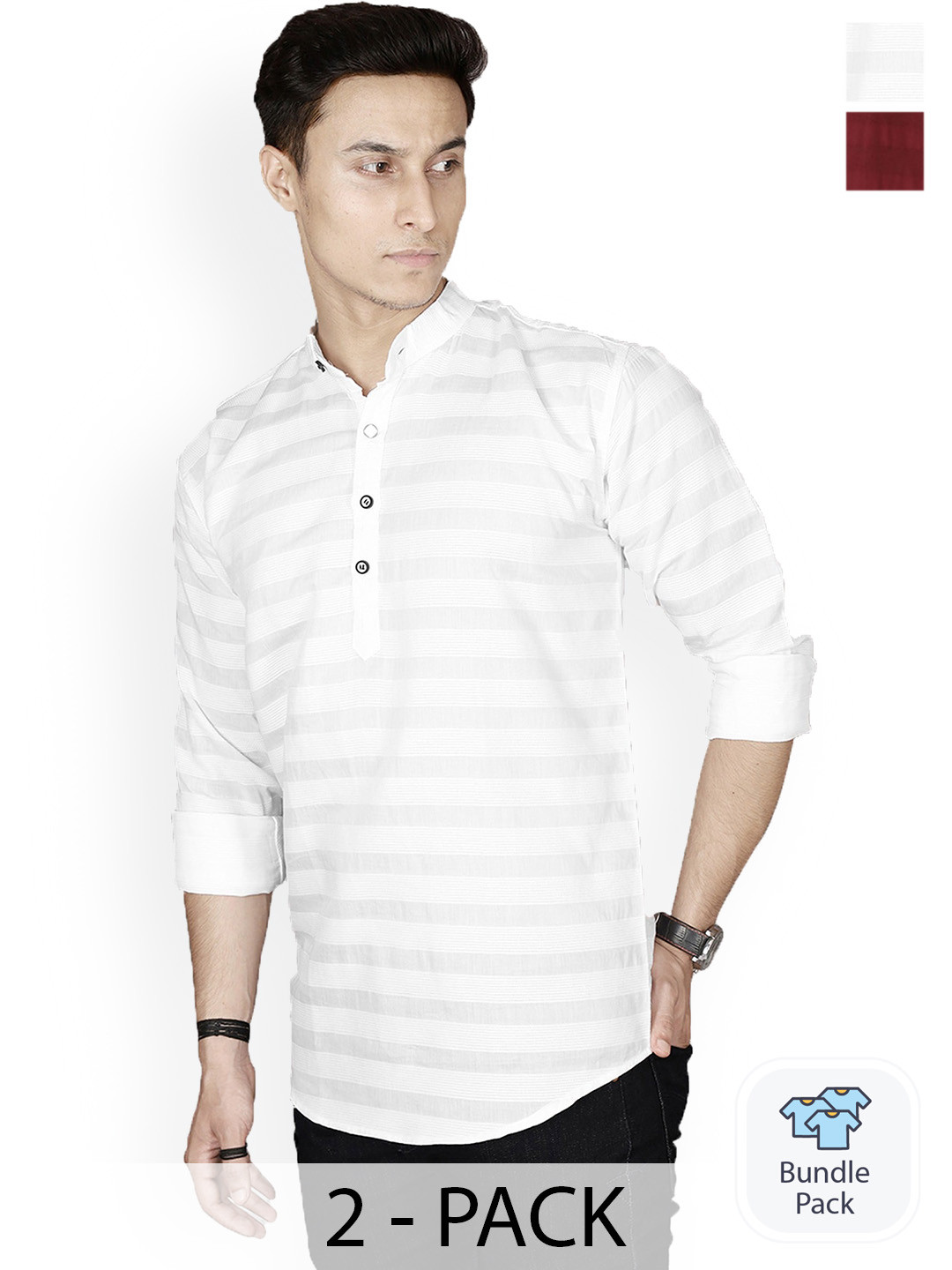 

FUBAR Pack Of 2 Striped Mandarin Collar Kurta, White