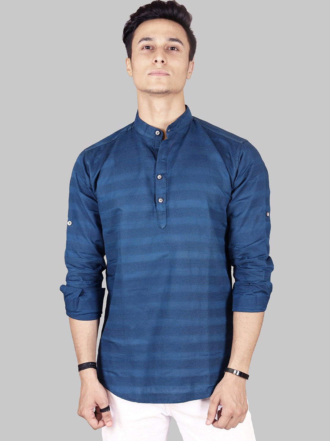 

FUBAR Regular Fit Striped Printed Band Collar Long Sleeve Shirt, Blue