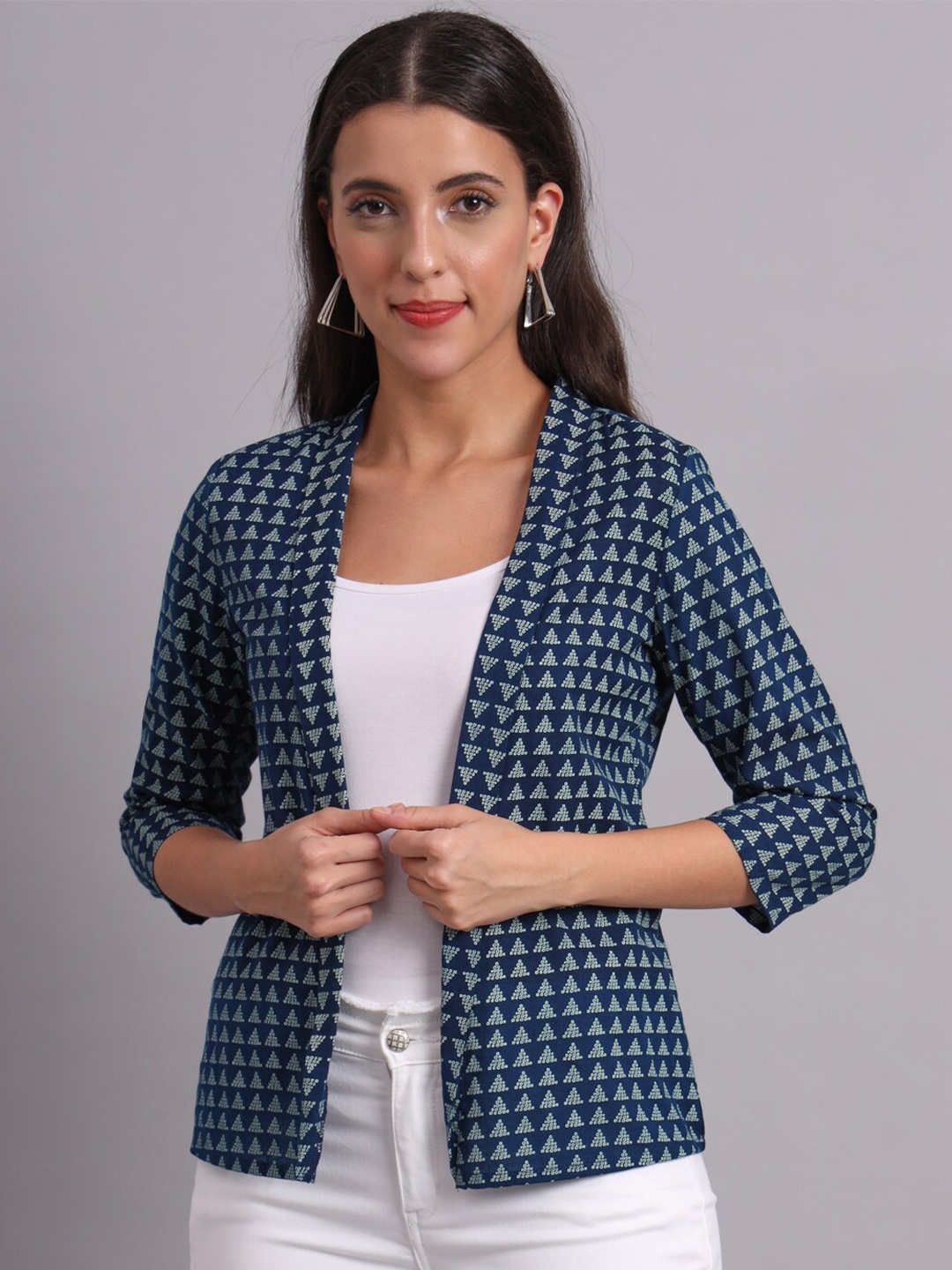 

DECKEDUP Geometric Printed Cotton Open Front Shrug, Blue